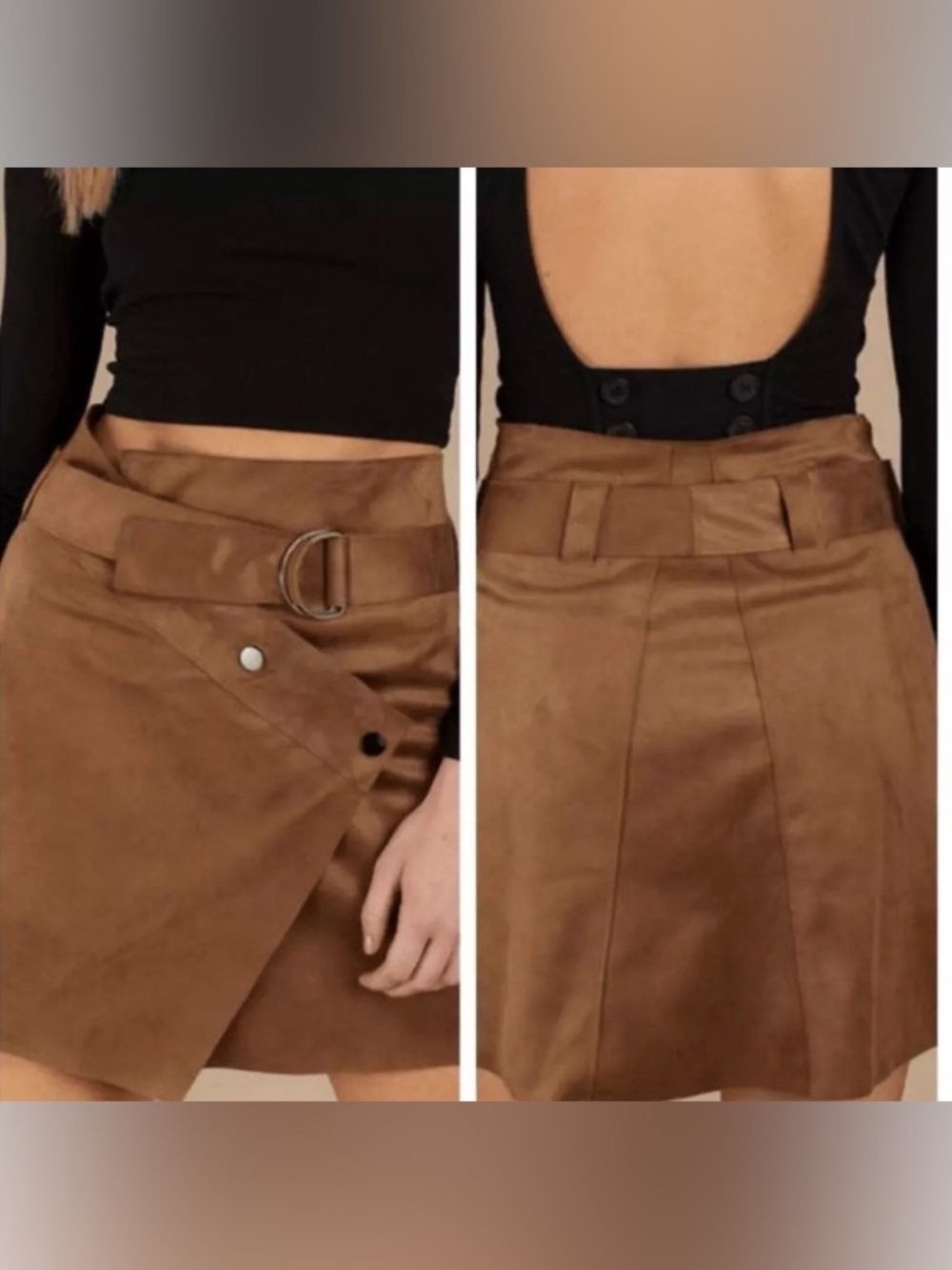 Brown Faux Suede Wrap Mini Skirt with Belt by Aster the label